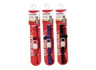 Collare per gatto in nastro di nylon con cuciture catarinfrangenti e campanellino 10 mm