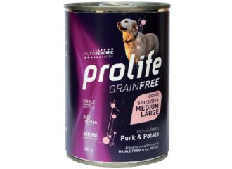 PROLIFE CANE GRAIN FREE SENSITIVE ADULTO MEDIUM&LARGE MAIALE & PATATE LATTINA 400 GR