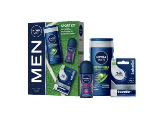 Nivea men sport kit 2023 denergy doccia gel 3in1 250 ml + dry impact deodorante roll-on 50 ml + labello men active 5,5 ml