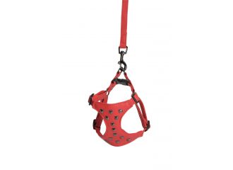 CAMON CANE PARURE PETTORINA + GUINZAGLIO SIMILPELLE CON BORCHIE 15 MM x 120 CM TG. SMALL ROSSO