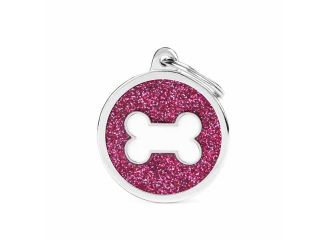 Pink big glitter circle white bone medaglietta per collare